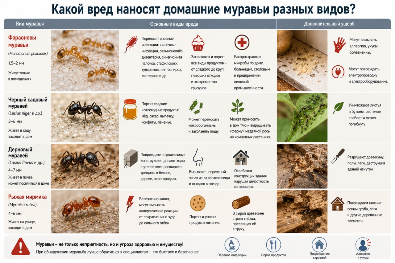 Какой вред наносят домашние муравьи разных видов
